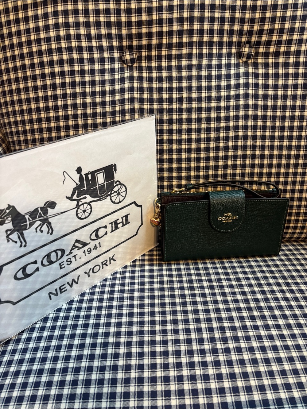 Coach Dark Green Saffiano Wristlet phone Wallet with Gold Logo and charms
